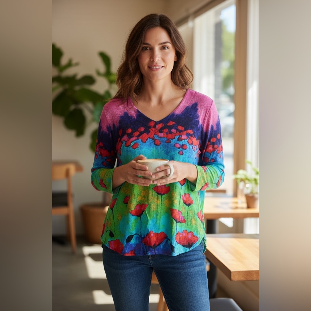 Simply Art By Dolcezza Dancing Poppies 3/4 peek-a-boo sleeve blouse womens EUC S